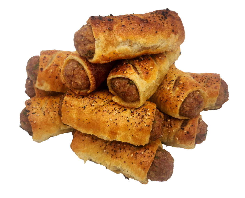 A large stack of sausage rolls by Brit Boy Street Food ready for in-person sales, catering or online orders