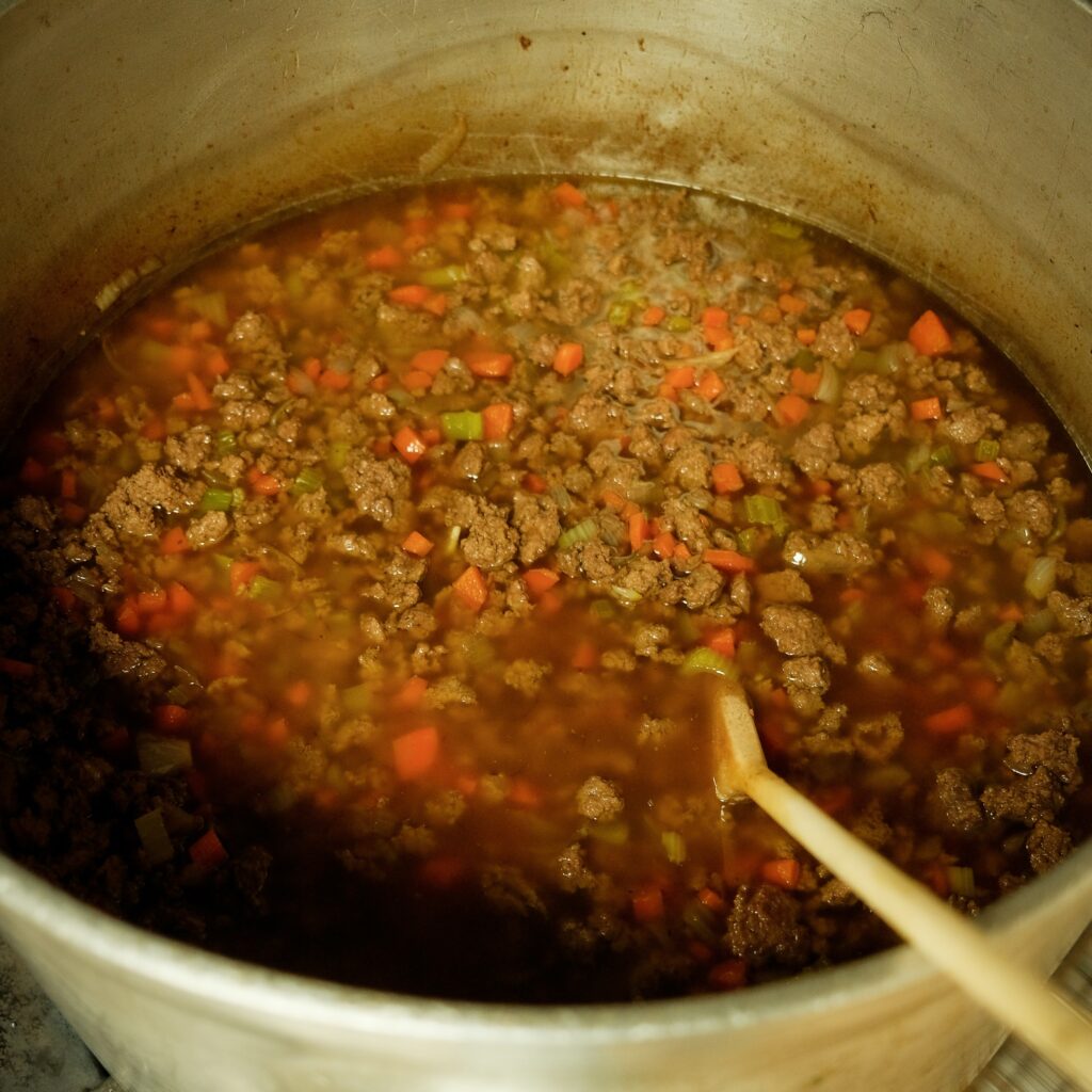 Shepherd's Pie filling cooking in a big pot