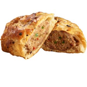 Spicy Sausage roll from Brit Boy Street Food, chopped in half on a transparent background