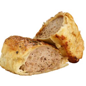Traditional Sausage roll from Brit Boy Street Food, chopped in half on a transparent background