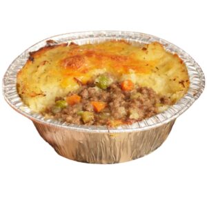 A Cooked Shepherd's Pie by Brit Boy Street Food that shows the filling of lamb/beef, peas, carrot