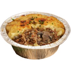 A product shot of a cooked Steak, Ale & Mushroom Pie by Brit Boy Street Food which shows the filling of steak and mushrooms