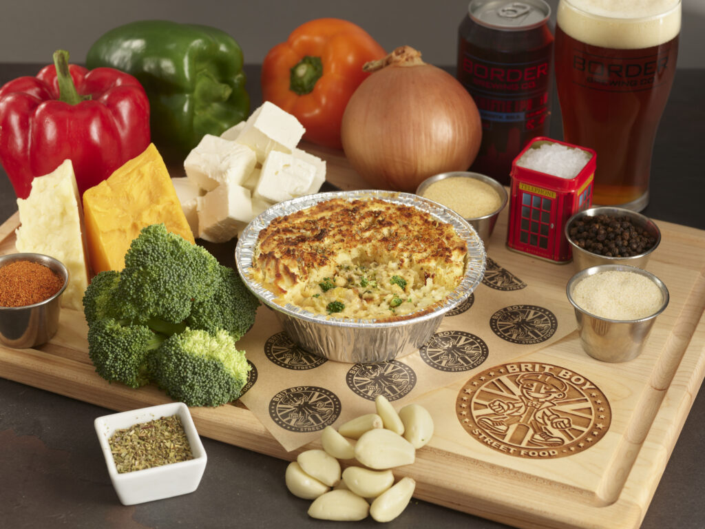 Cheddar Broccoli Pie with beer and lifestyle background showing ingredients