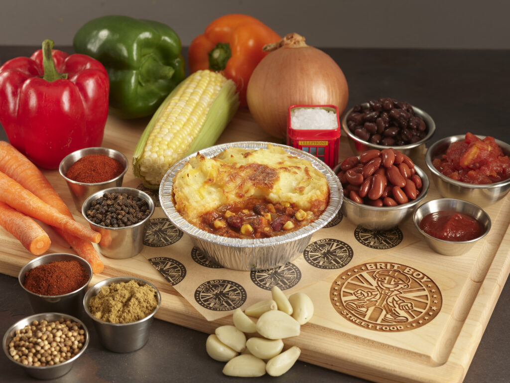 Chilli Sin Carne Vegetarian Pie with Lifestlye Background and ingredients