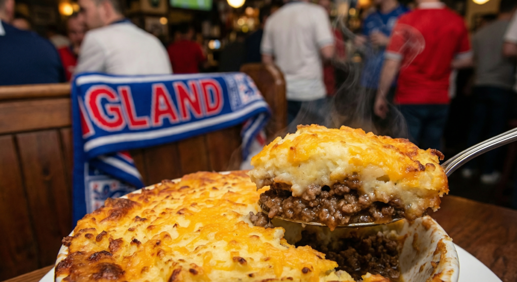 Mash topped pie close up at a 2026 FIFA World Cup Watch Party