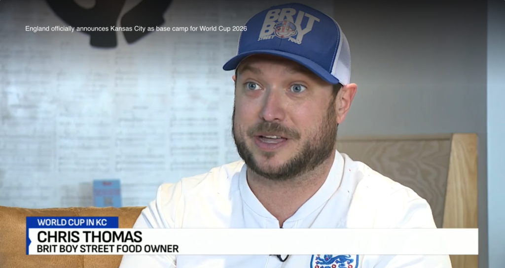 Chris Thomas, owner of Brit Boy Street Food, being featured on Fox 4 KC with FIFA World Cup 2026